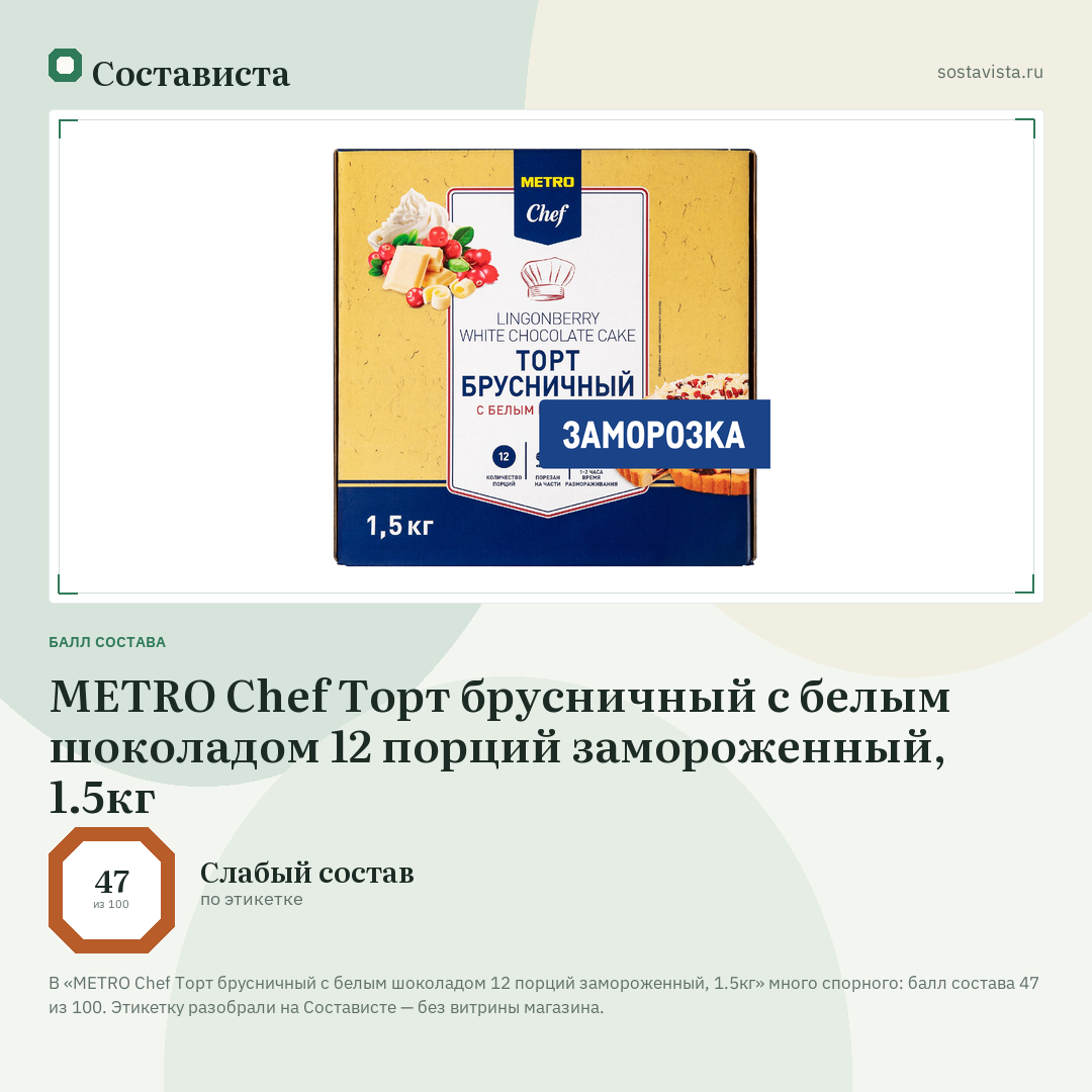METRO Chef Торт брусничный с белым шоколадом 12 порций замороженный, 1.5кг: балл состава 47 из 100 — Состависта