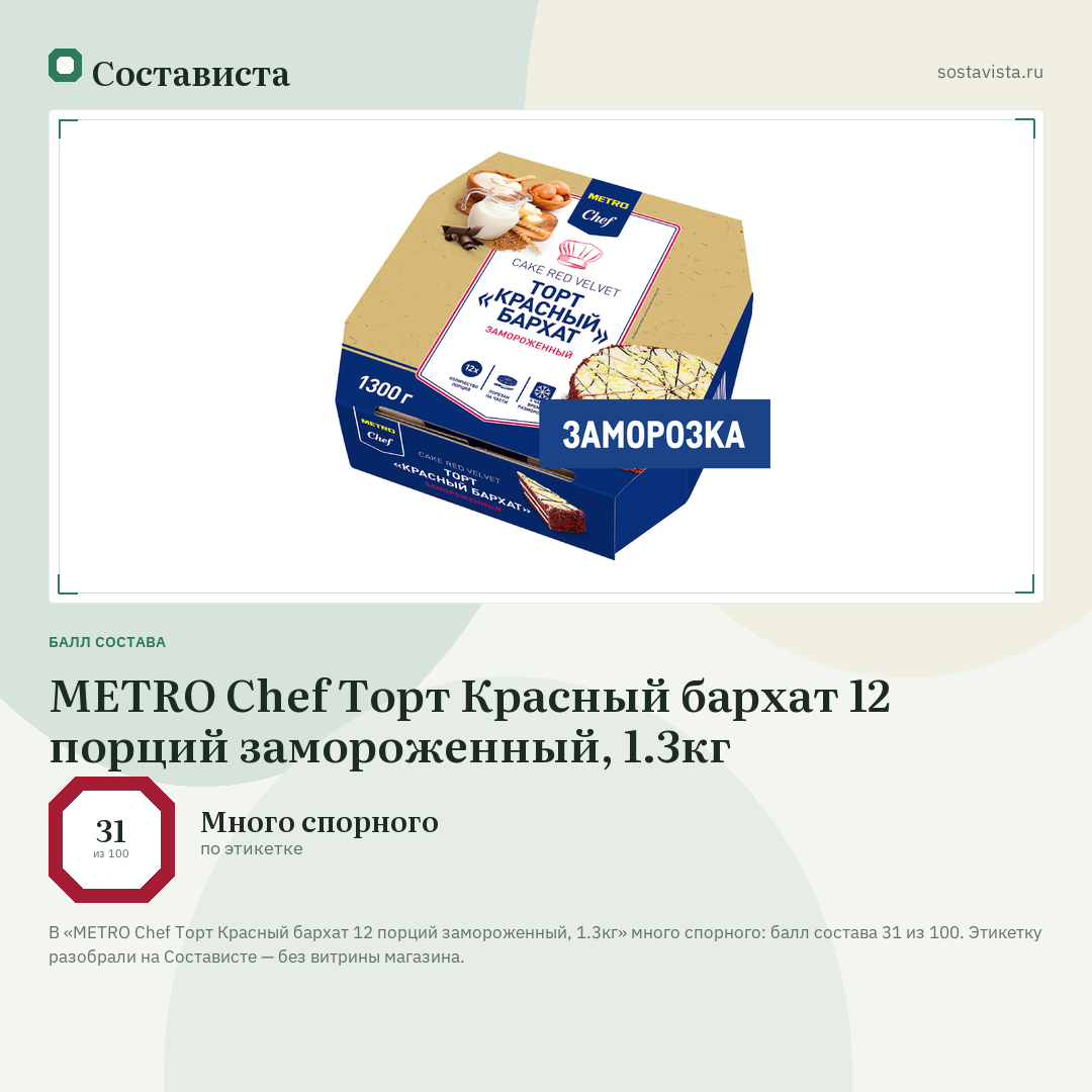 METRO Chef Торт Красный бархат 12 порций замороженный, 1.3кг: балл состава 31 из 100 — Состависта