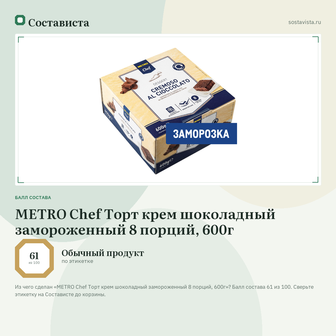 METRO Chef Торт крем шоколадный замороженный 8 порций, 600г: балл состава 61 из 100 — Состависта