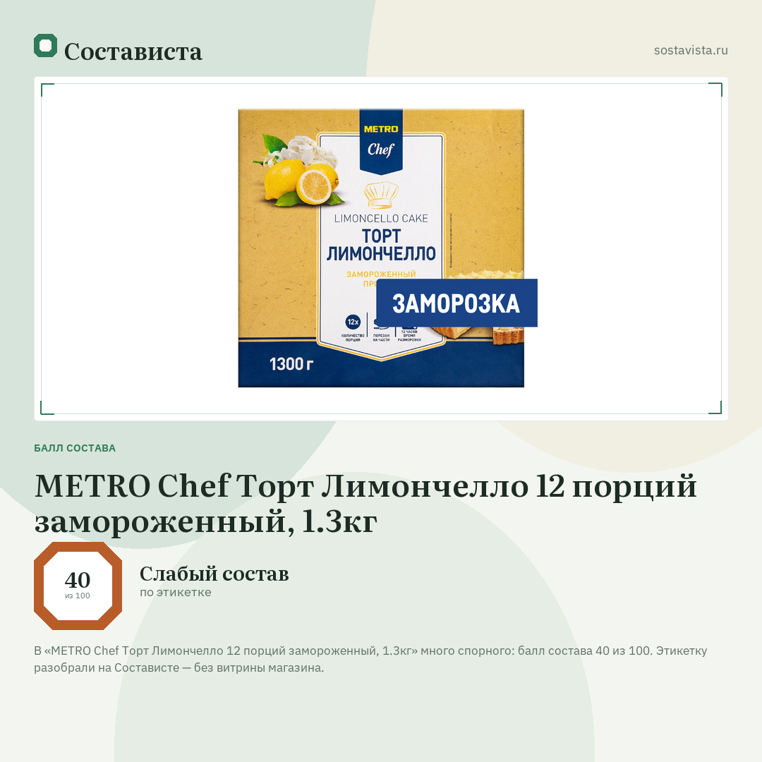 METRO Chef Торт Лимончелло 12 порций замороженный, 1.3кг: балл состава 40 из 100 — Состависта