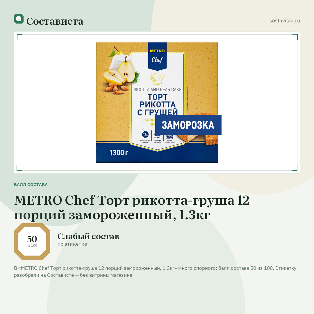 METRO Chef Торт рикотта-груша 12 порций замороженный, 1.3кг: балл состава 50 из 100 — Состависта