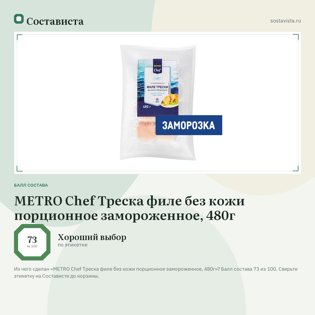METRO Chef Треска филе без кожи порционное замороженное, 480г: балл состава 73 из 100 — Состависта