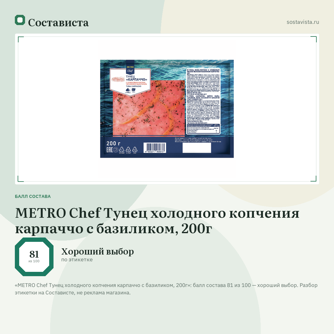 METRO Chef Тунец холодного копчения карпаччо с базиликом, 200г: балл состава 81 из 100 — Состависта