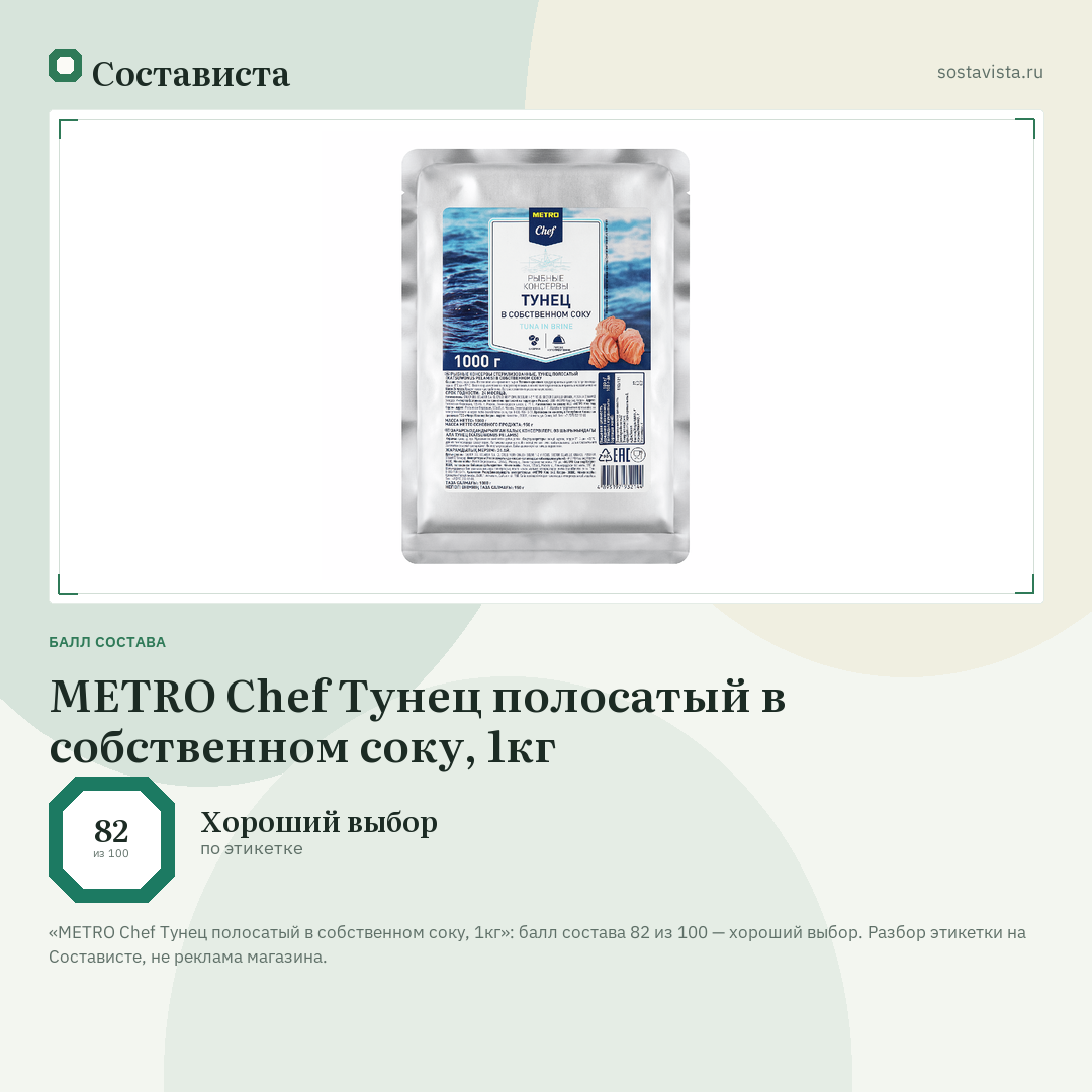 METRO Chef Тунец полосатый в собственном соку, 1кг: балл состава 82 из 100 — Состависта