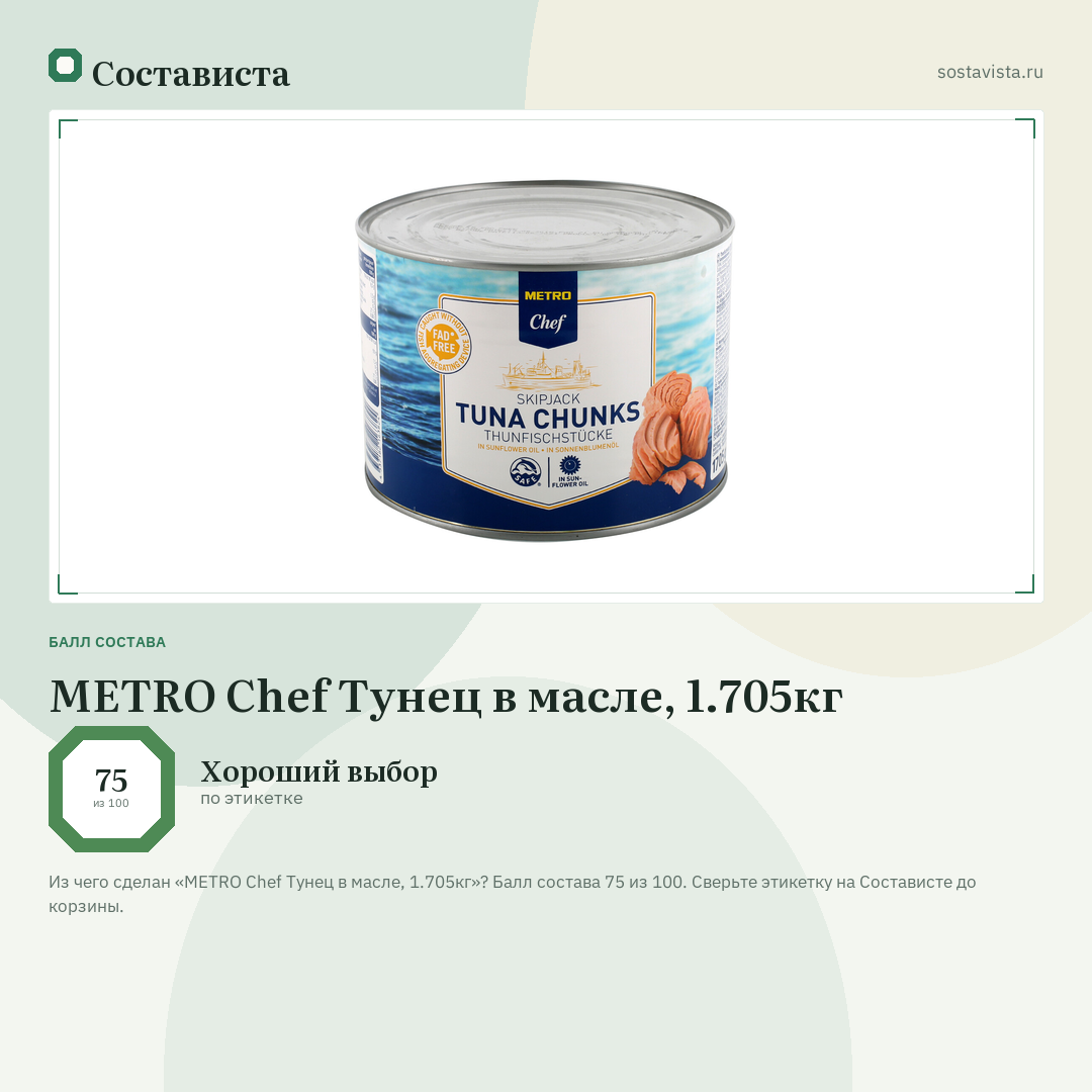 METRO Chef Тунец в масле, 1.705кг: балл состава 75 из 100 — Состависта