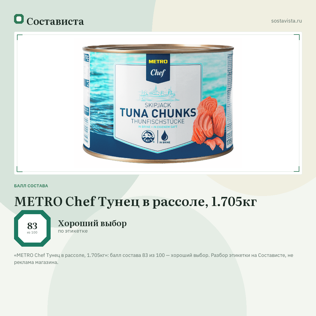 METRO Chef Тунец в рассоле, 1.705кг: балл состава 83 из 100 — Состависта