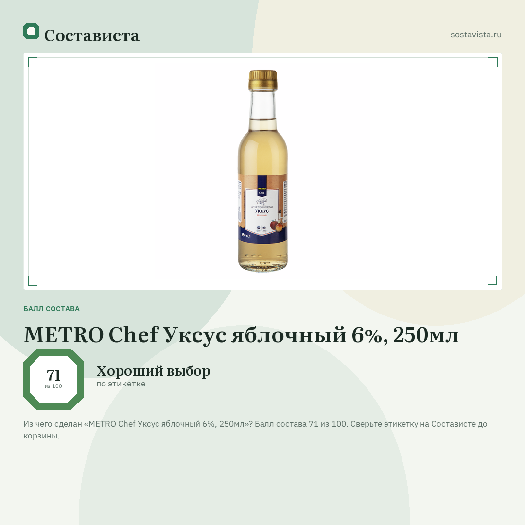 METRO Chef Уксус яблочный 6%, 250мл: балл состава 71 из 100 — Состависта