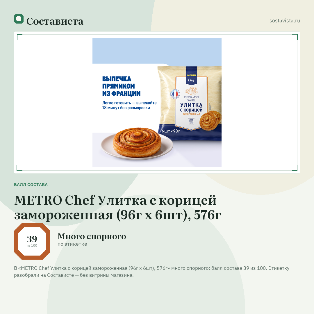 METRO Chef Улитка с корицей замороженная (96г x 6шт), 576г: балл состава 39 из 100 — Состависта