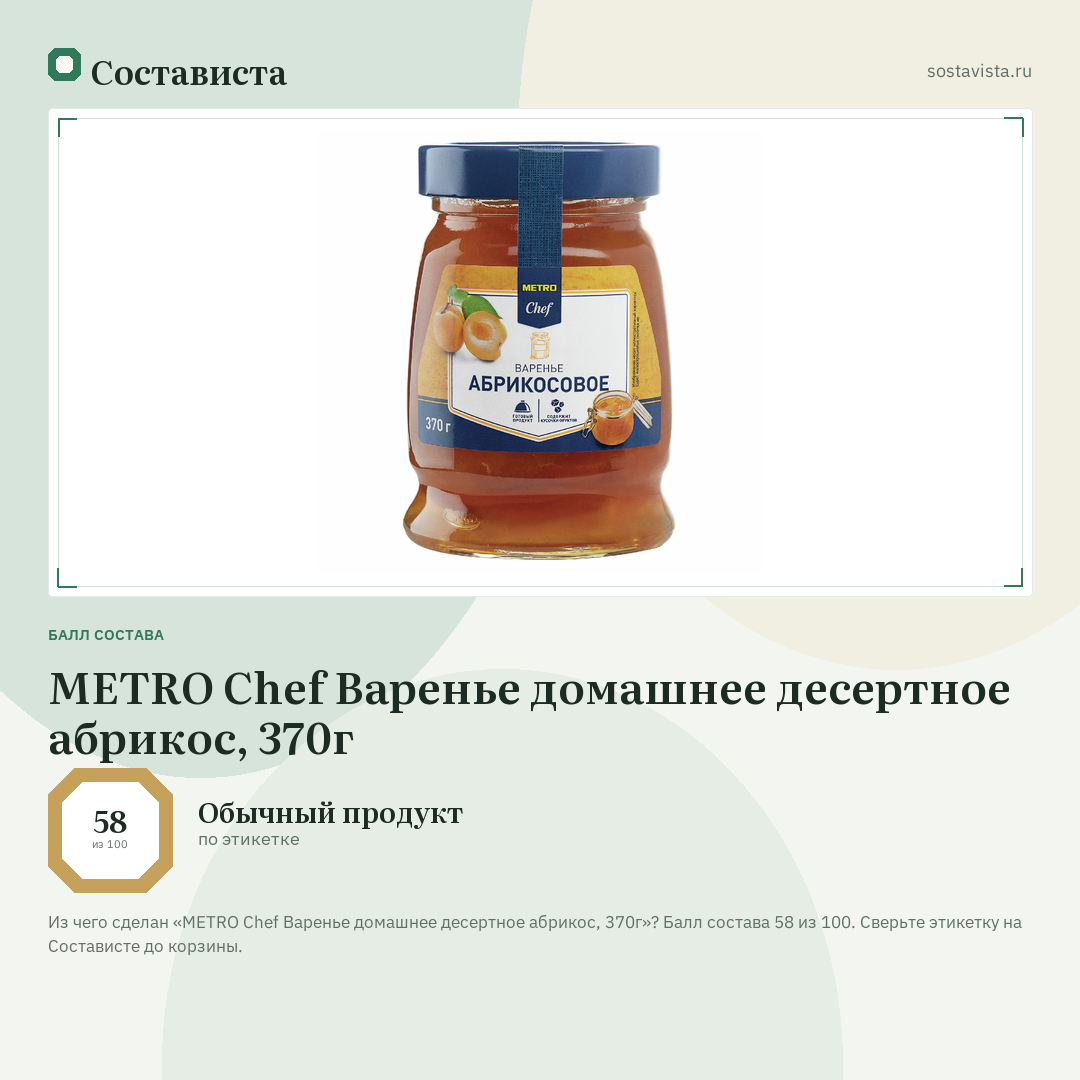 METRO Chef Варенье домашнее десертное абрикос, 370г: балл состава 58 из 100 — Состависта