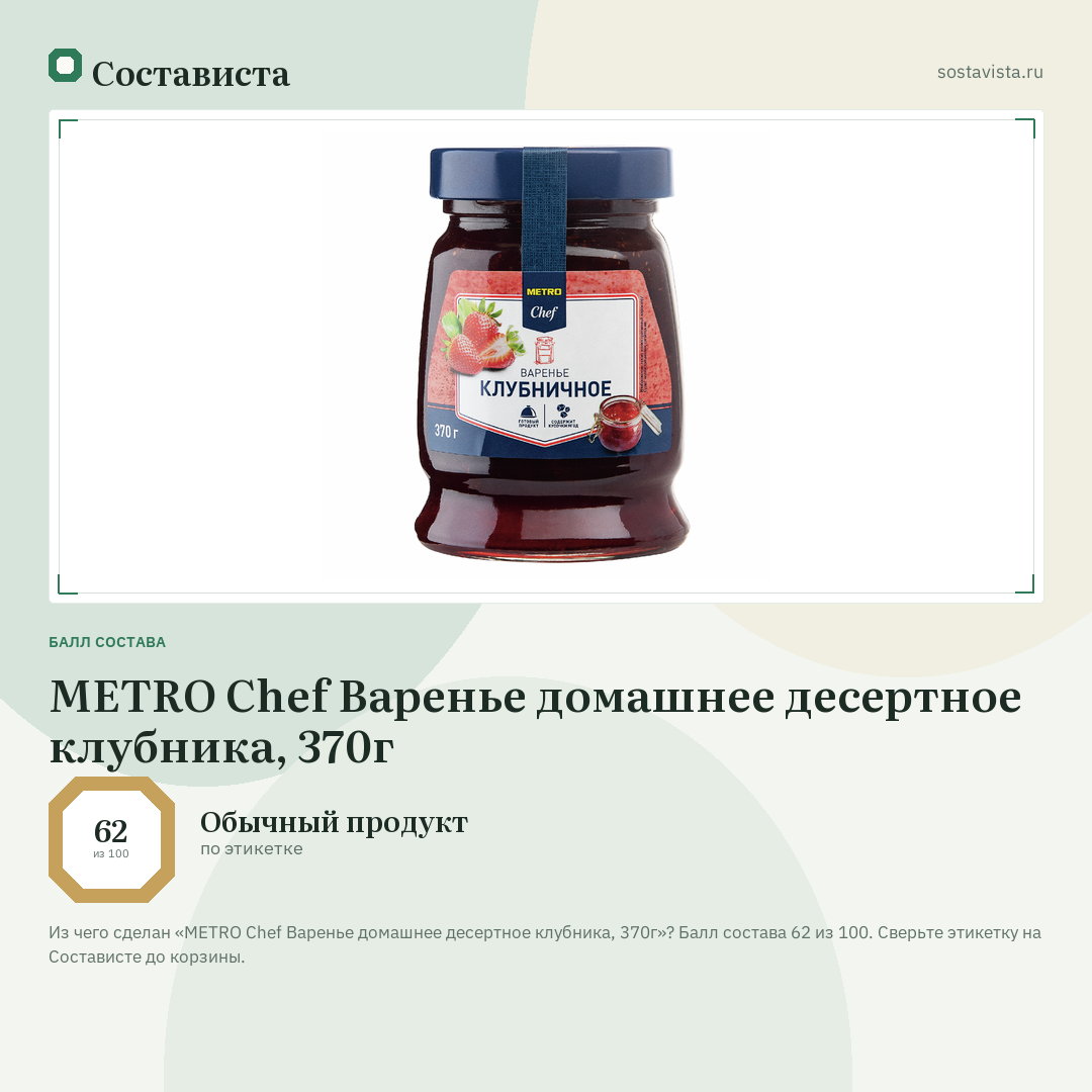 METRO Chef Варенье домашнее десертное клубника, 370г: балл состава 62 из 100 — Состависта