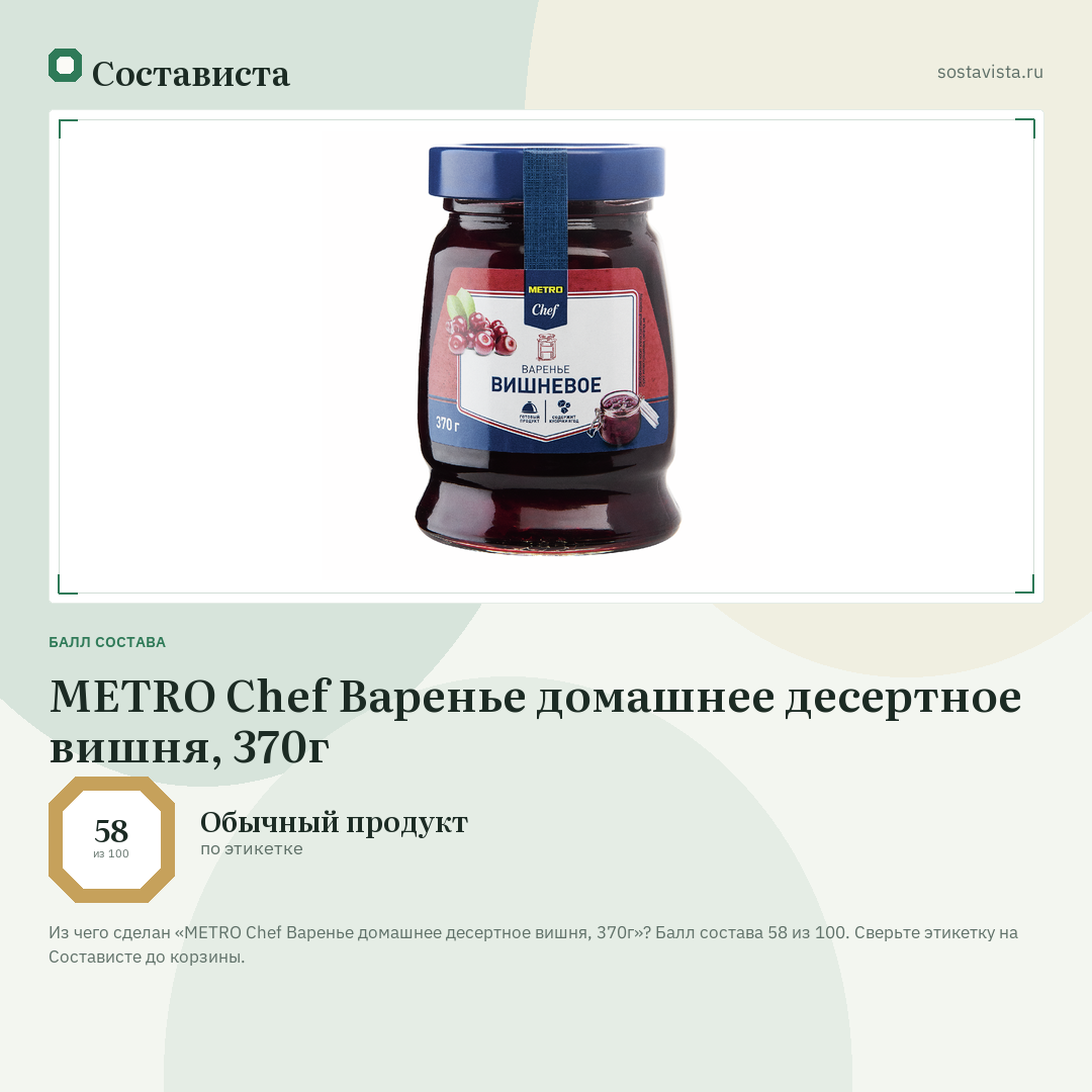 METRO Chef Варенье домашнее десертное вишня, 370г: балл состава 58 из 100 — Состависта