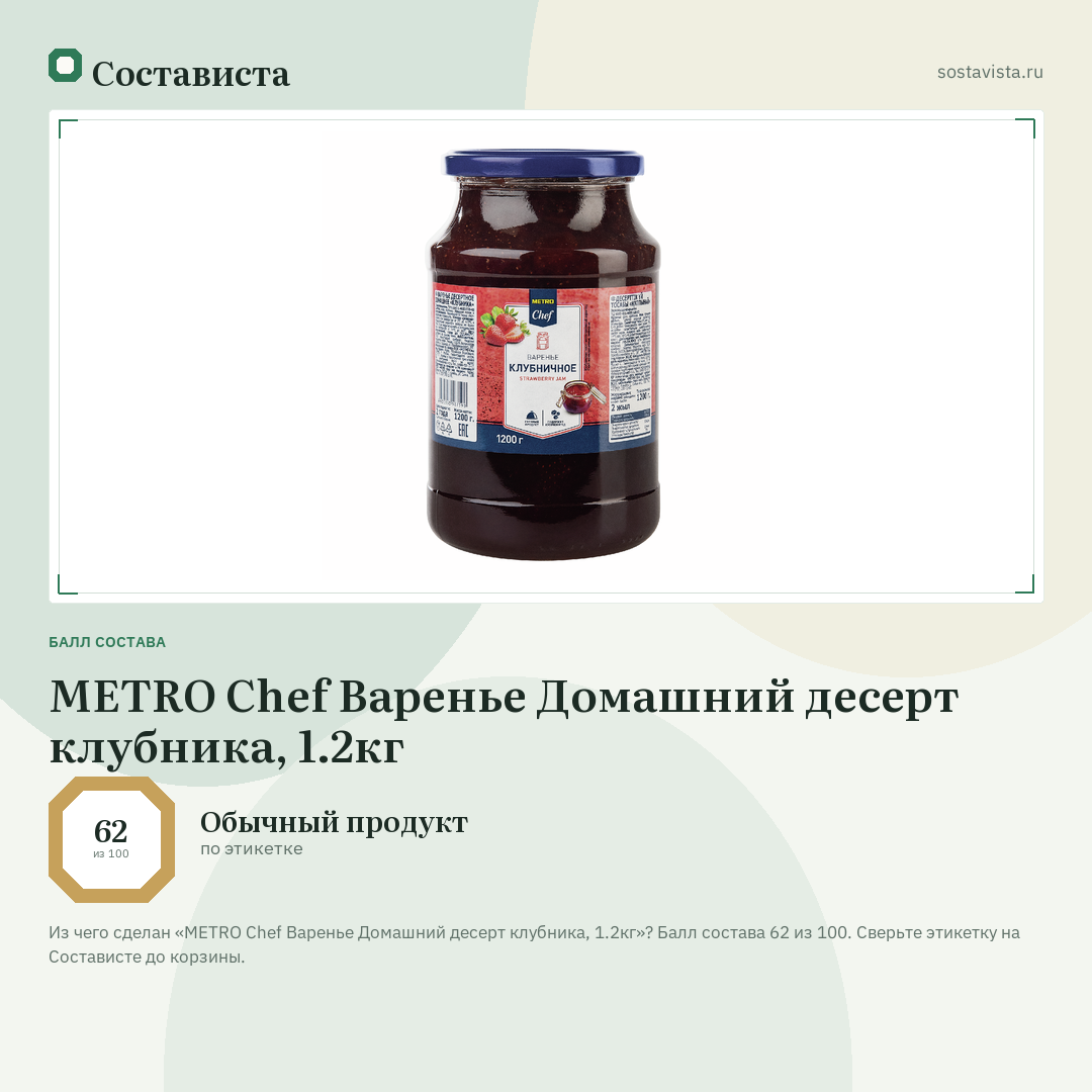 METRO Chef Варенье Домашний десерт клубника, 1.2кг: балл состава 62 из 100 — Состависта