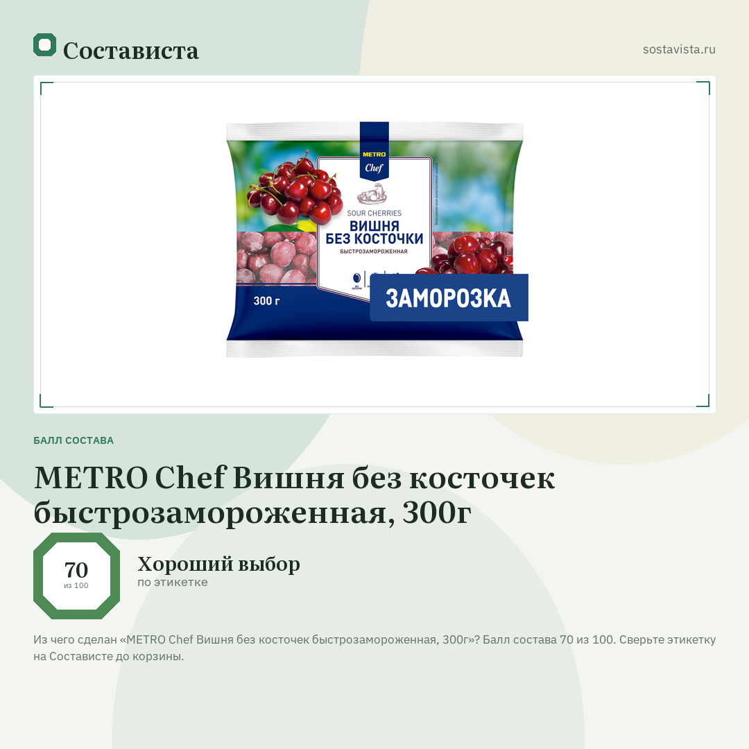 METRO Chef Вишня без косточек быстрозамороженная, 300г: балл состава 70 из 100 — Состависта