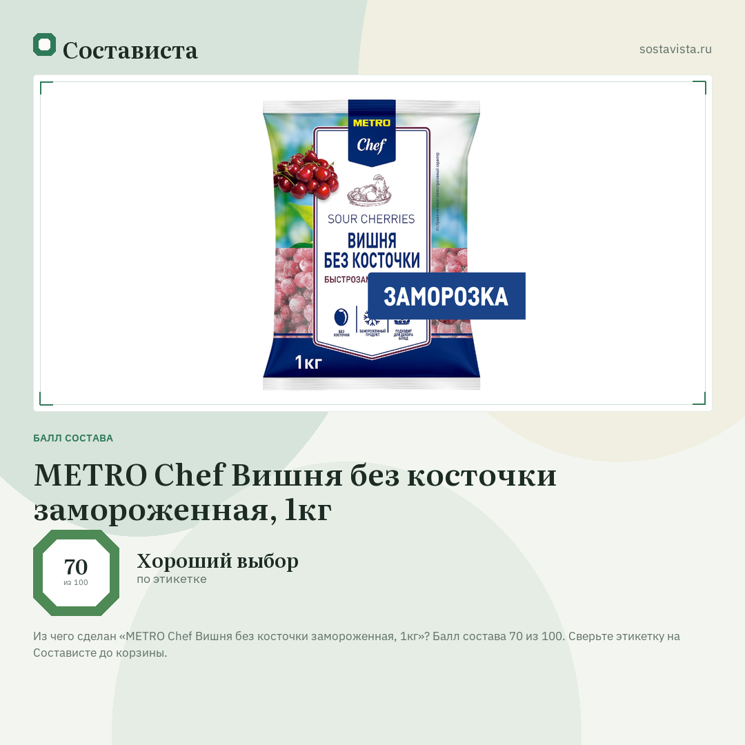 METRO Chef Вишня без косточки замороженная, 1кг: балл состава 70 из 100 — Состависта