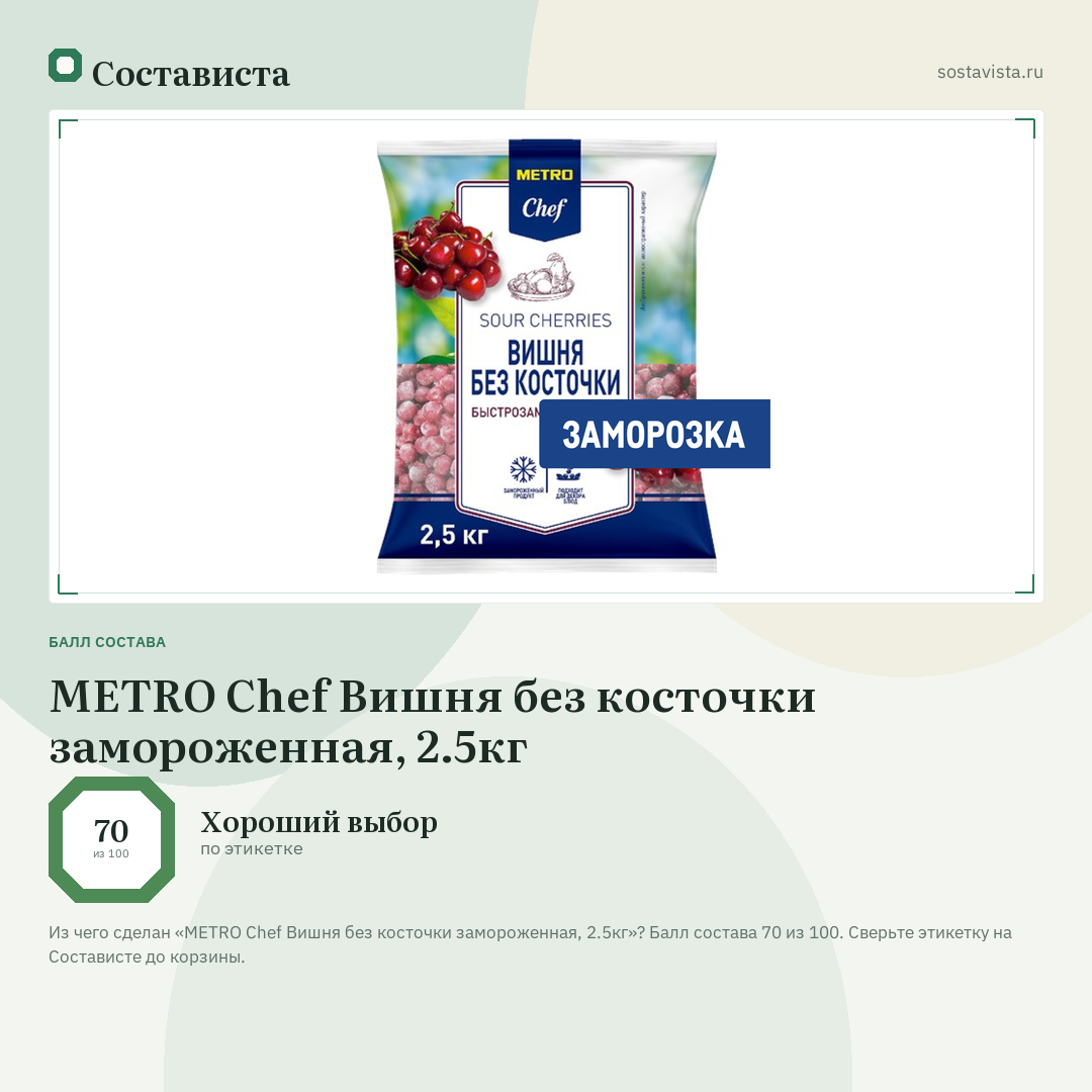METRO Chef Вишня без косточки замороженная, 2.5кг: балл состава 70 из 100 — Состависта