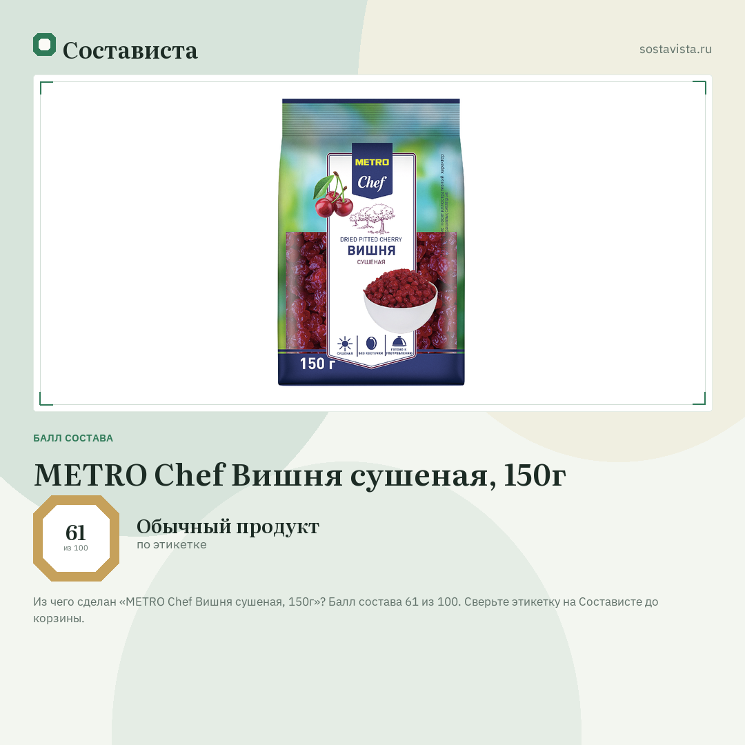 METRO Chef Вишня сушеная, 150г: балл состава 61 из 100 — Состависта
