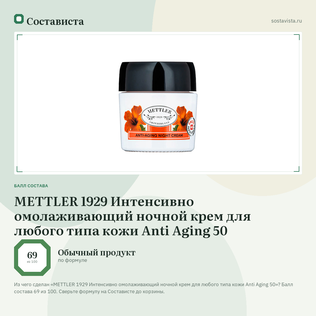 METTLER 1929 Интенсивно омолаживающий ночной крем для любого типа кожи Anti Aging 50: балл состава 69 из 100 — Состависта