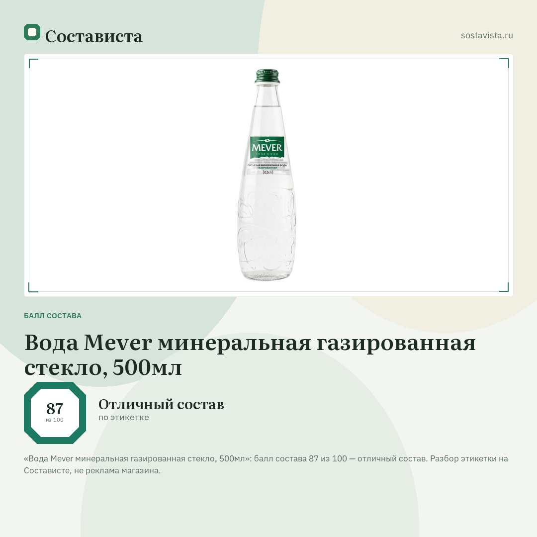 Вода Mever минеральная газированная стекло, 500мл: балл состава 87 из 100 — Состависта