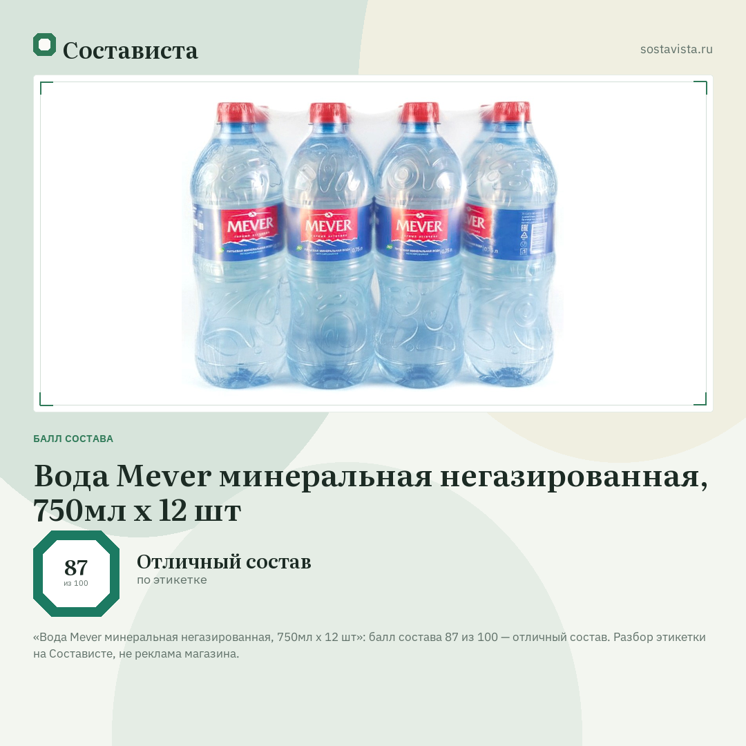 Вода Mever минеральная негазированная, 750мл x 12 шт: балл состава 87 из 100 — Состависта