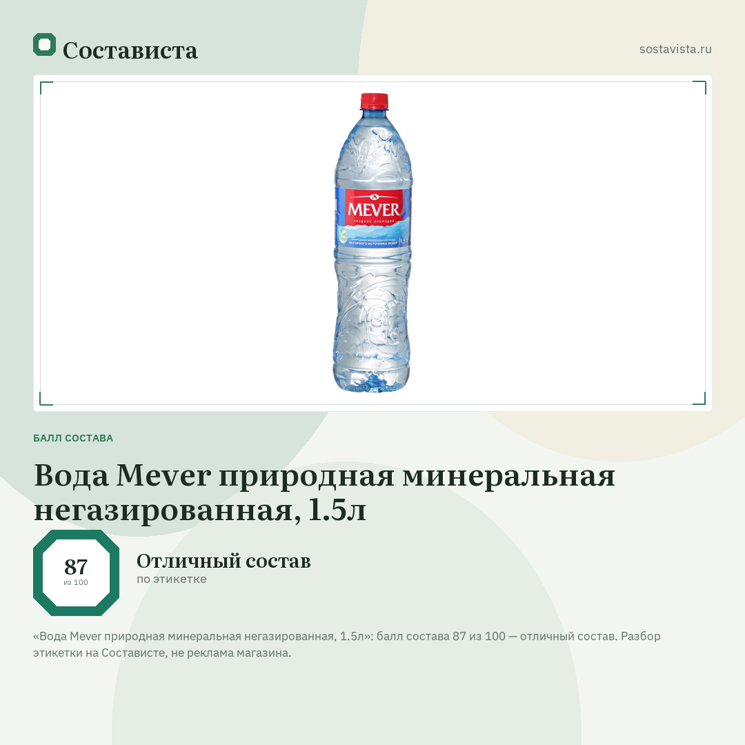Вода Mever природная минеральная негазированная, 1.5л: балл состава 87 из 100 — Состависта