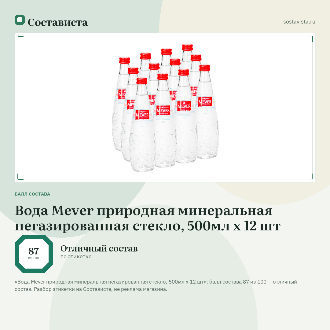 Вода Mever природная минеральная негазированная стекло, 500мл x 12 шт: балл состава 87 из 100 — Состависта