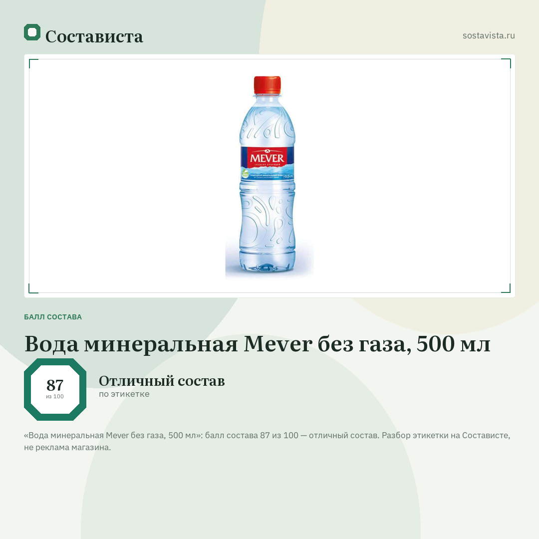 Вода минеральная Mever без газа, 500 мл: балл состава 87 из 100 — Состависта