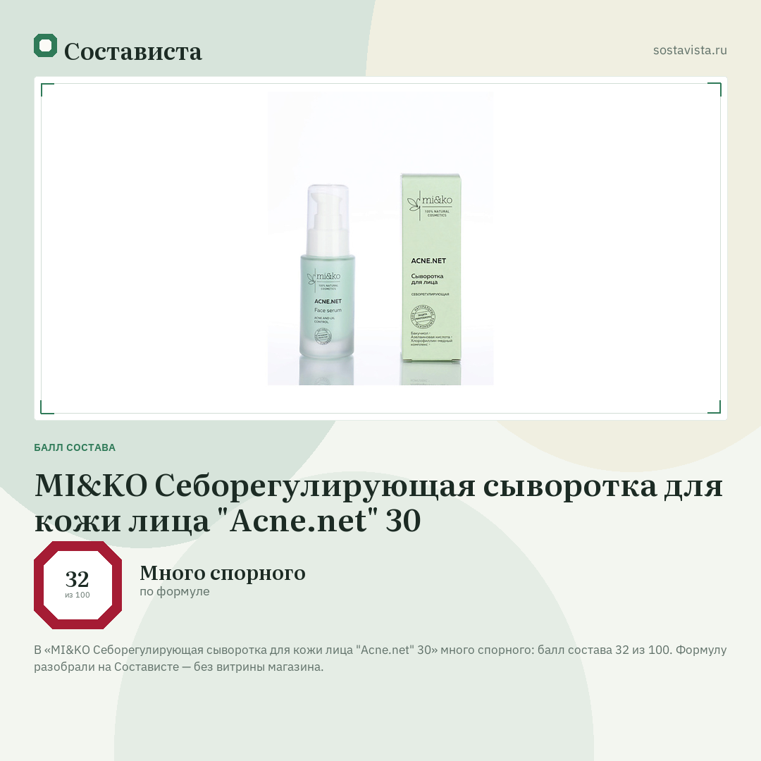 MI&KO Себорегулирующая сыворотка для кожи лица "Acne.net" 30: балл состава 32 из 100 — Состависта