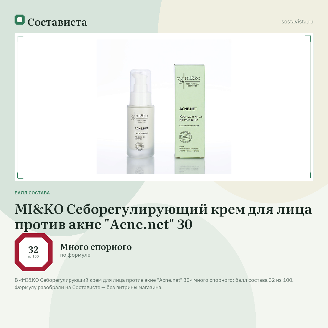 MI&KO Себорегулирующий крем для лица против акне "Acne.net" 30: балл состава 32 из 100 — Состависта