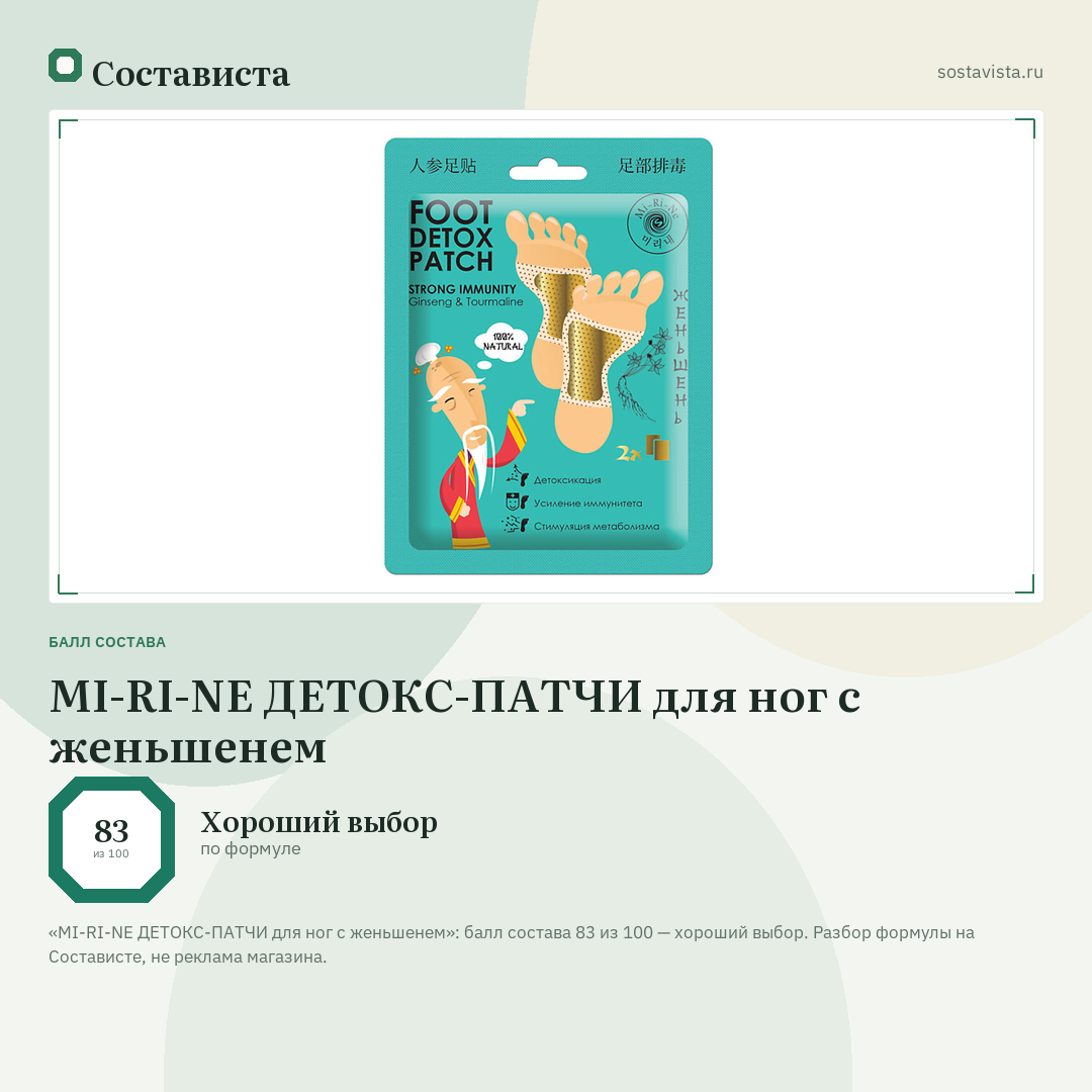 MI-RI-NE ДЕТОКС-ПАТЧИ для ног с женьшенем: балл состава 83 из 100 — Состависта