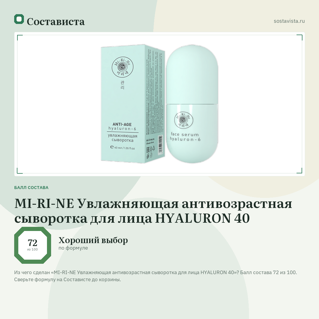 MI-RI-NE Увлажняющая антивозрастная сыворотка для лица HYALURON 40: балл состава 72 из 100 — Состависта