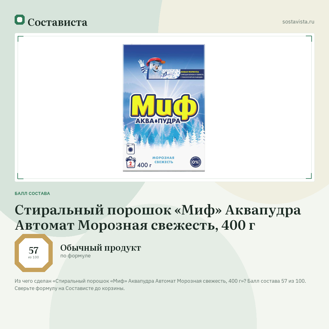 Стиральный порошок «Миф» Аквапудра Автомат Морозная свежесть, 400 г: балл состава 57 из 100 — Состависта