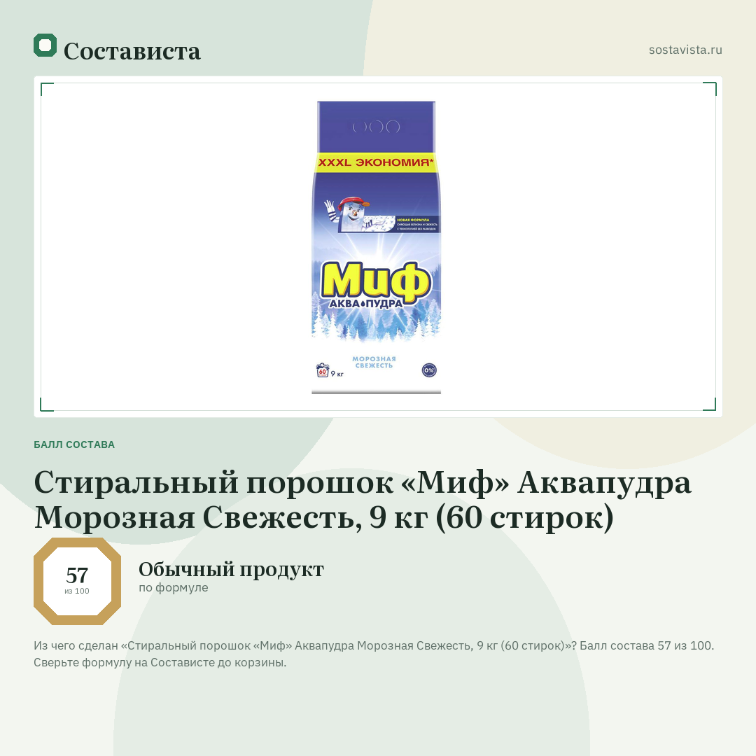 Стиральный порошок «Миф» Аквапудра Морозная Cвежесть, 9 кг (60 стирок): балл состава 57 из 100 — Состависта