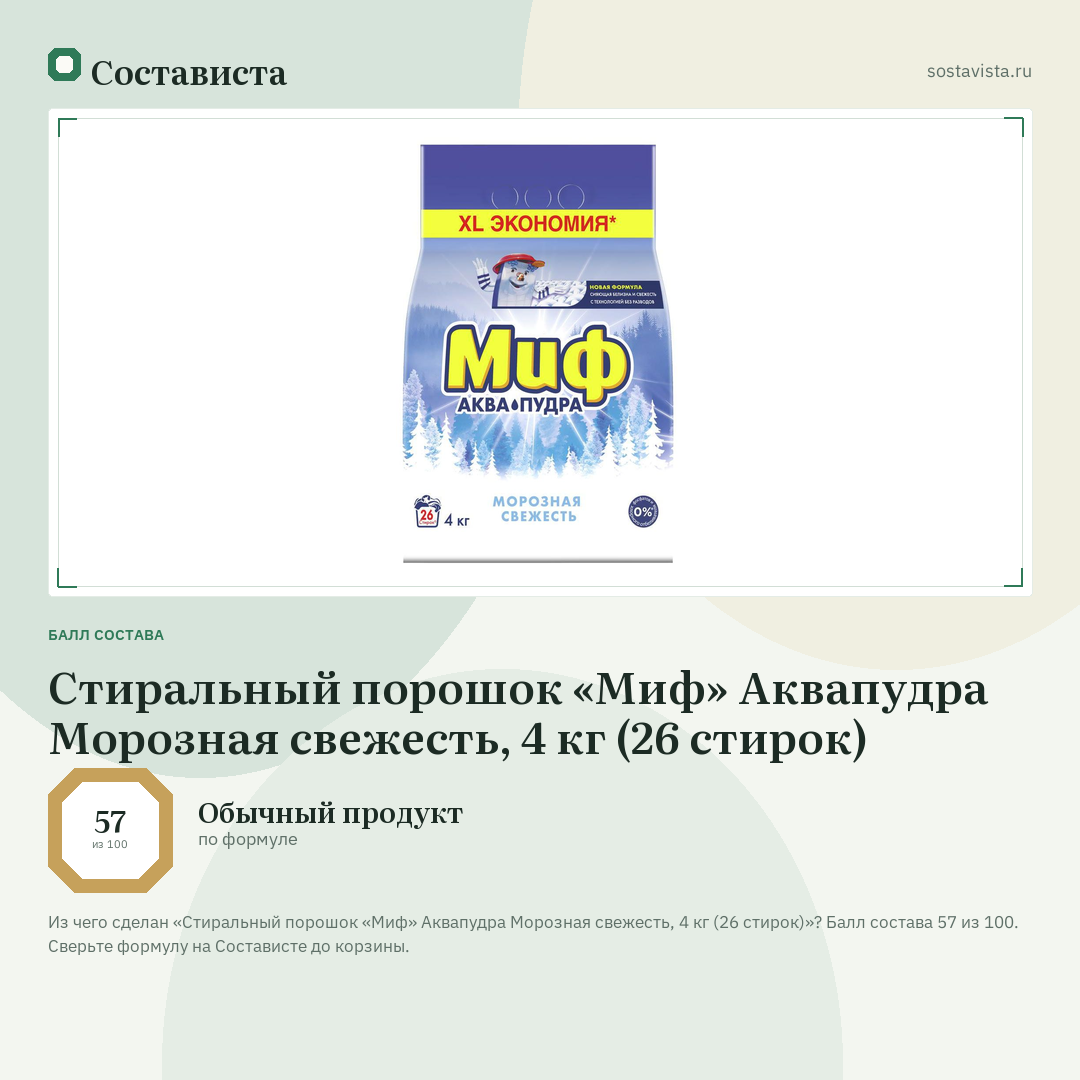 Стиральный порошок «Миф» Аквапудра Морозная свежесть, 4 кг (26 стирок): балл состава 57 из 100 — Состависта