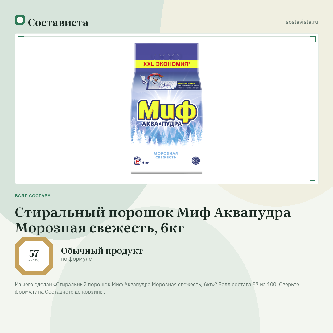 Стиральный порошок Миф Аквапудра Морозная свежесть, 6кг: балл состава 57 из 100 — Состависта