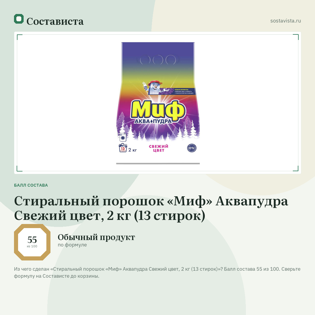 Стиральный порошок «Миф» Аквапудра Свежий цвет, 2 кг (13 стирок): балл состава 55 из 100 — Состависта
