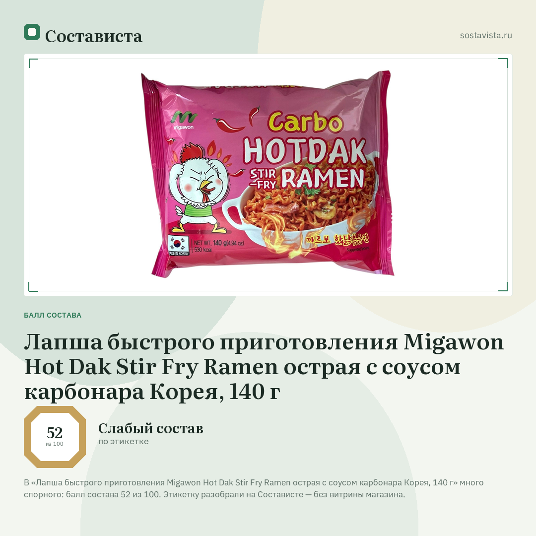 Лапша быстрого приготовления Migawon Hot Dak Stir Fry Ramen острая с соусом карбонара Корея, 140 г: балл состава 52 из 100 — Состависта