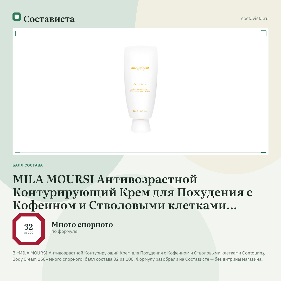MILA MOURSI Антивозрастной Контурирующий Крем для Похудения с Кофеином и Стволовыми клетками Contouring Body Cream 150: балл состава 32 из 100 — Состависта