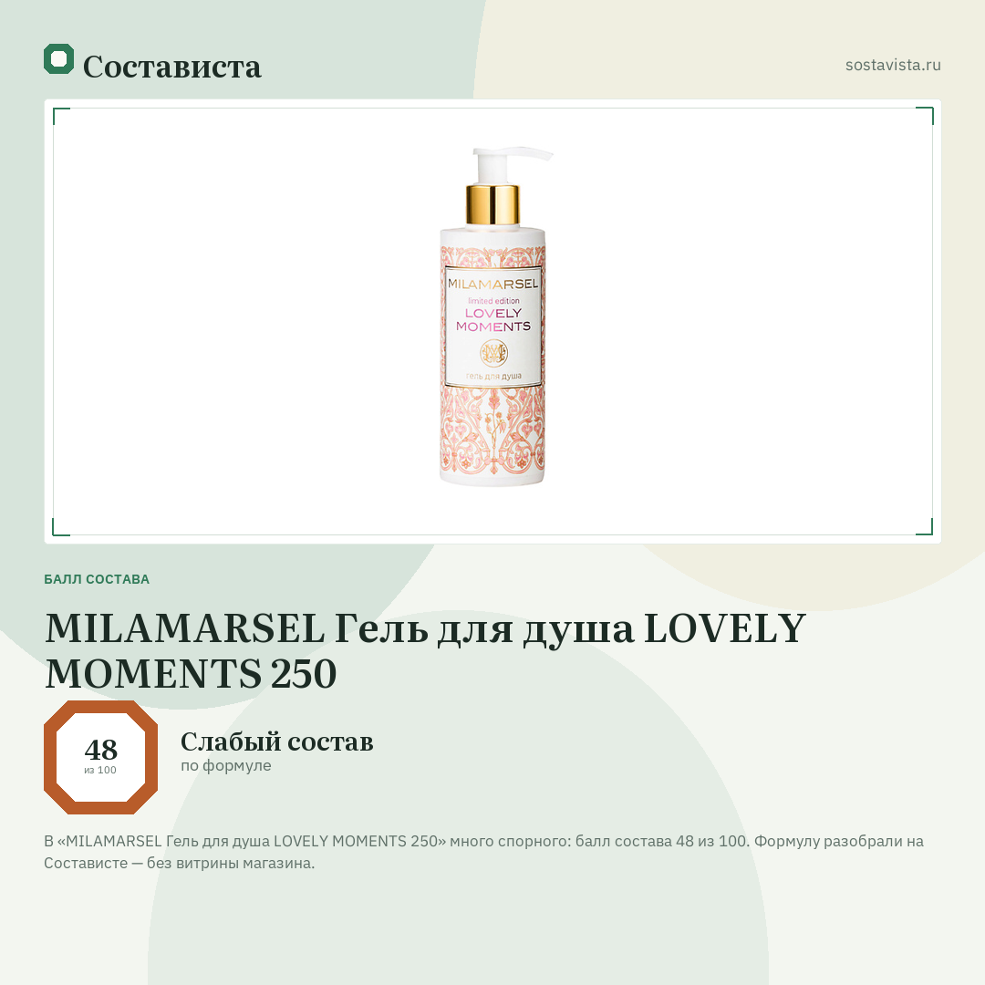 MILAMARSEL Гель для душа LOVELY MOMENTS 250: балл состава 48 из 100 — Состависта