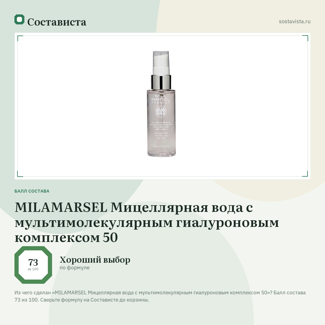 MILAMARSEL Мицеллярная вода с мультимолекулярным гиалуроновым комплексом 50: балл состава 73 из 100 — Состависта