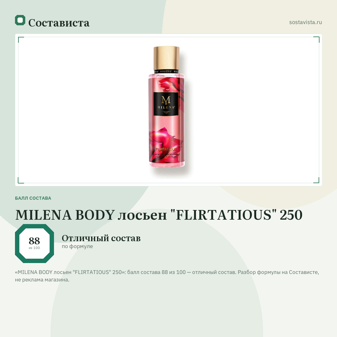 MILENA BODY лосьен "FLIRTATIOUS" 250: балл состава 88 из 100 — Состависта