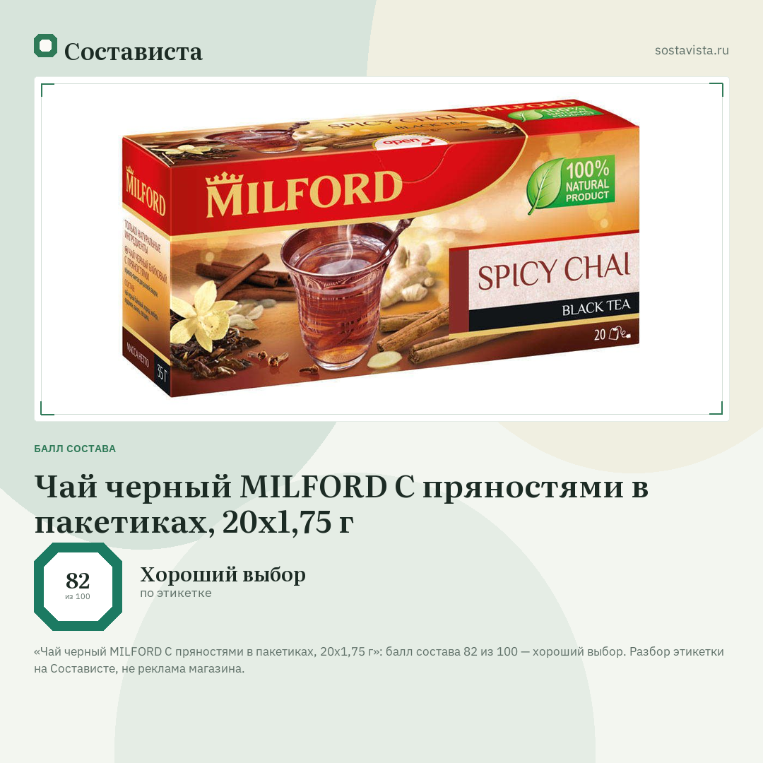 Чай черный MILFORD С пряностями в пакетиках, 20х1,75 г: балл состава 82 из 100 — Состависта