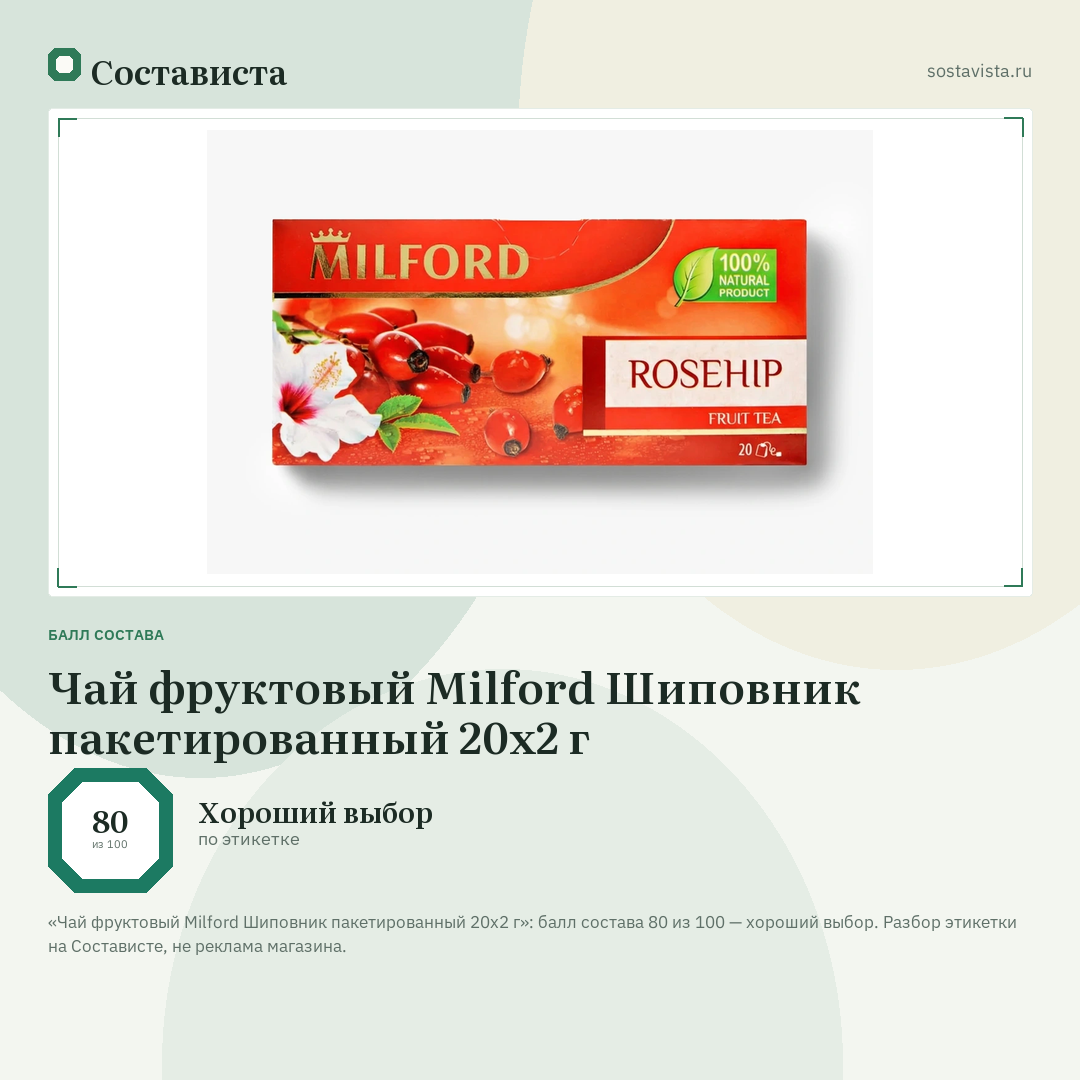 Чай фруктовый Milford Шиповник пакетированный 20х2 г: балл состава 80 из 100 — Состависта