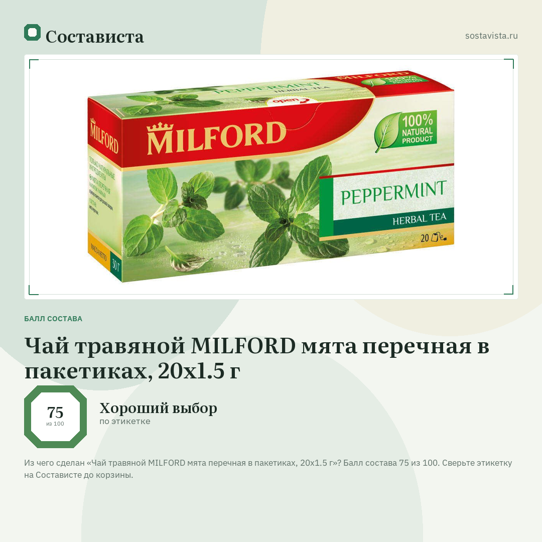 Чай травяной MILFORD мята перечная в пакетиках, 20х1.5 г: балл состава 75 из 100 — Состависта