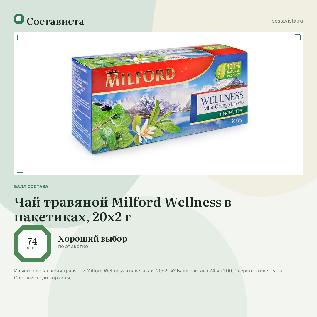 Чай травяной Milford Wellness в пакетиках, 20х2 г: балл состава 74 из 100 — Состависта