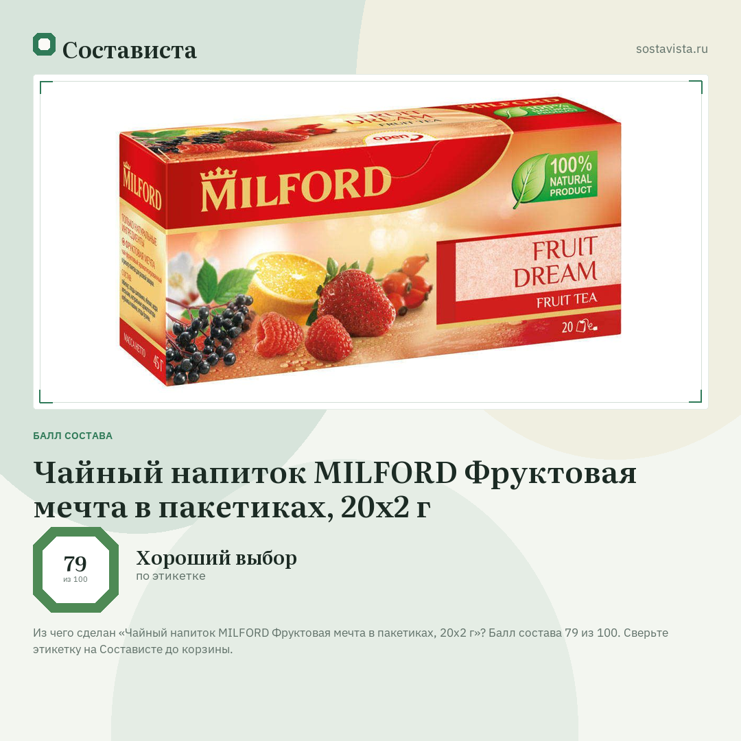 Чайный напиток MILFORD Фруктовая мечта в пакетиках, 20х2 г: балл состава 79 из 100 — Состависта