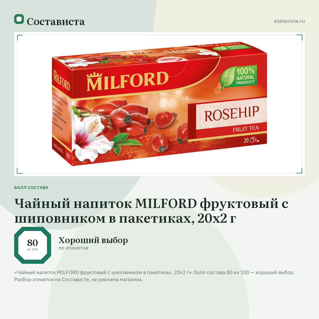 Чайный напиток MILFORD фруктовый с шиповником в пакетиках, 20х2 г: балл состава 80 из 100 — Состависта