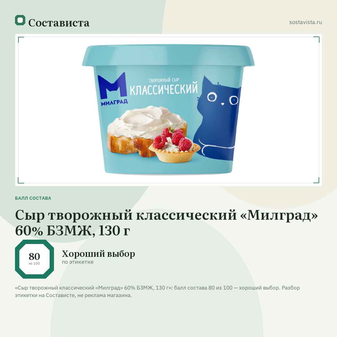 Сыр творожный классический «Милград» 60% БЗМЖ, 130 г: балл состава 80 из 100 — Состависта