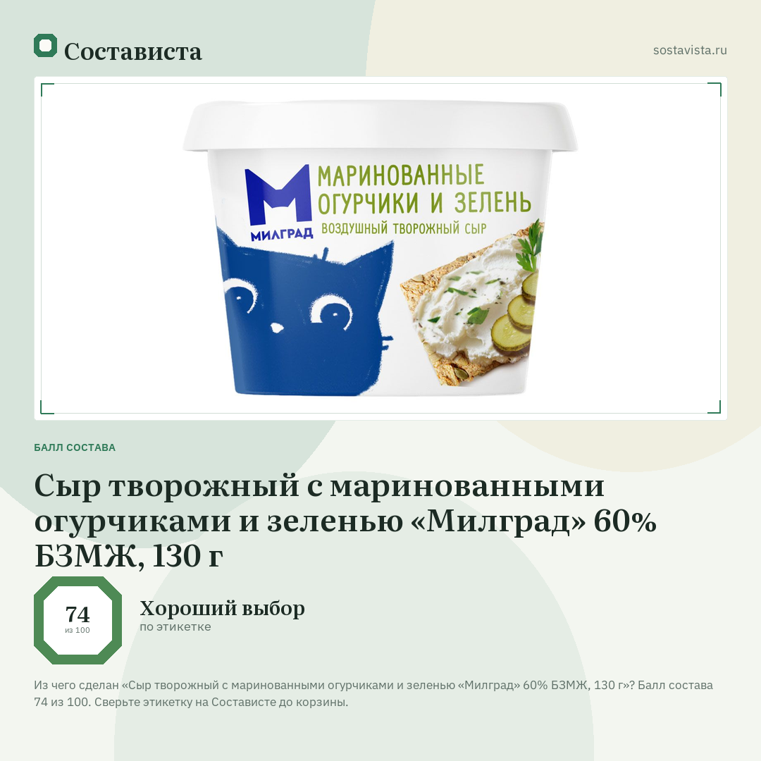 Сыр творожный с маринованными огурчиками и зеленью «Милград» 60% БЗМЖ, 130 г: балл состава 74 из 100 — Состависта