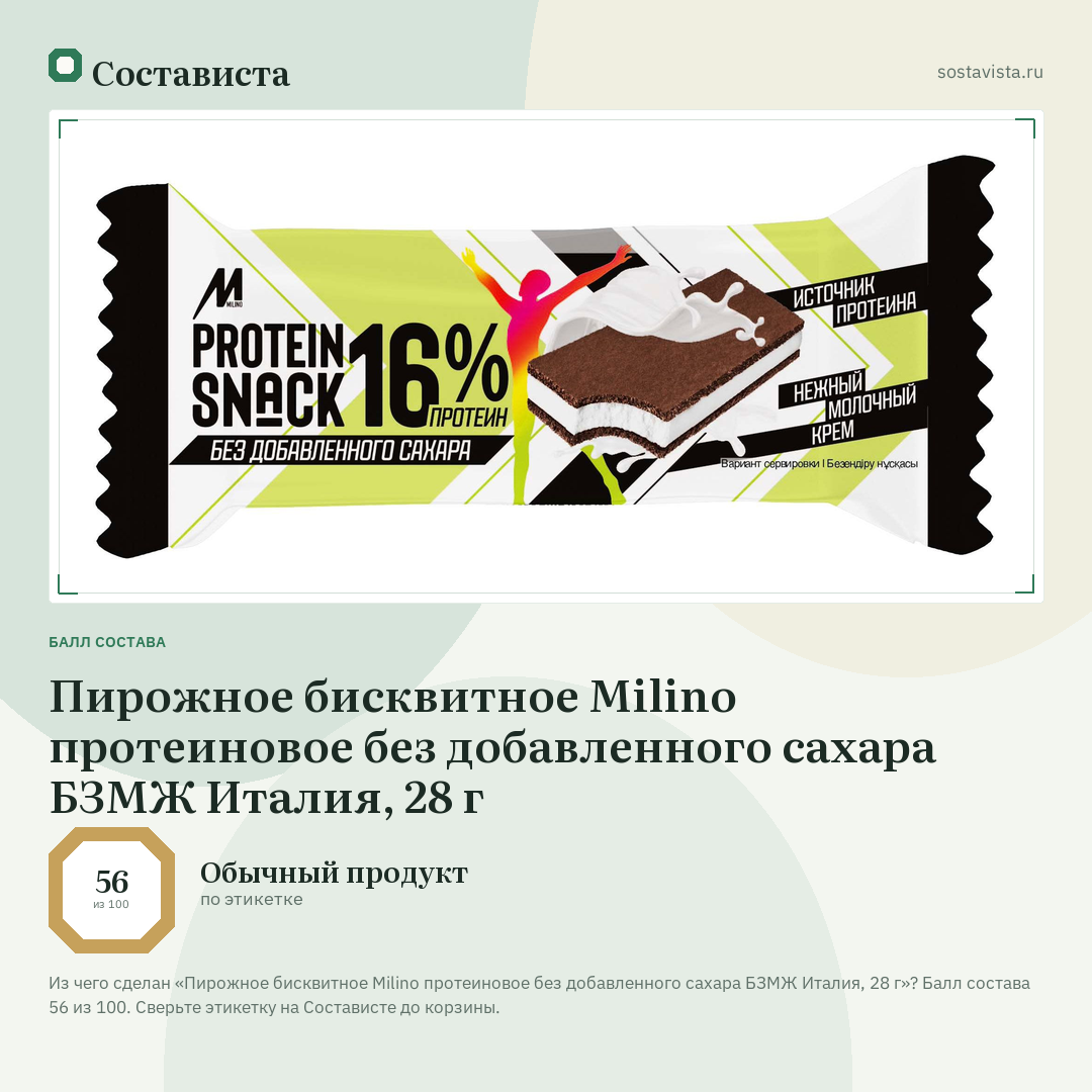 Пирожное бисквитное Milino протеиновое без добавленного сахара БЗМЖ Италия, 28 г: балл состава 56 из 100 — Состависта