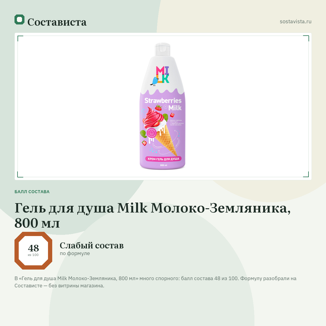 Гель для душа Milk Молоко-Земляника, 800 мл: балл состава 48 из 100 — Состависта
